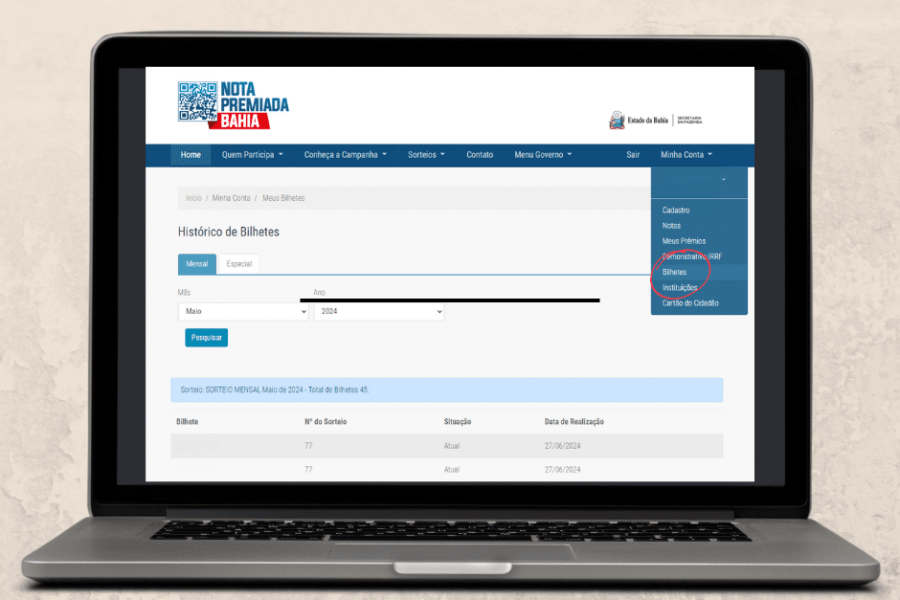 Bilhetes Nota Premiada Bahia