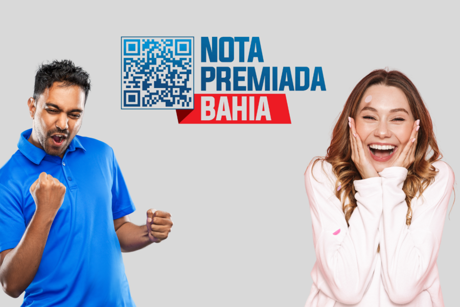 Imagem de um homem e uma mulher comemorando o prêmio na campanha Nota Premiada Bahia