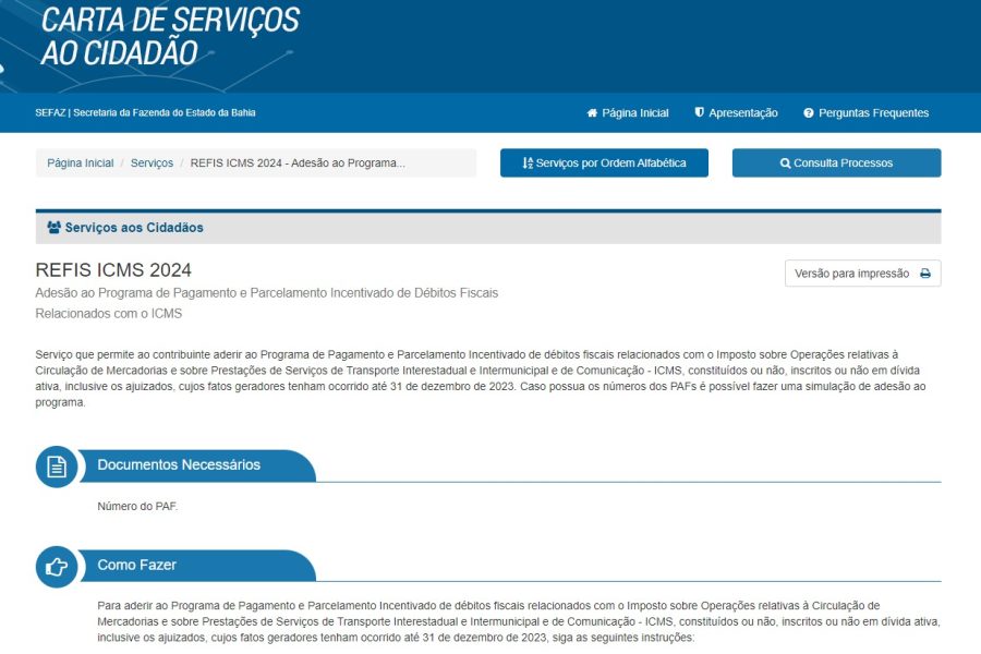 Tela do site da Sefaz referente à Carta de Serviços